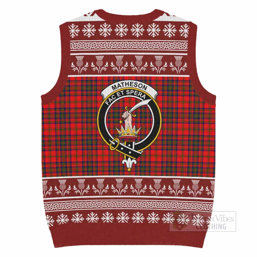 Matheson Clan Tartan Christmas Knitted V-Neck Vest with Family Crest - Tartan Vibes Clothing