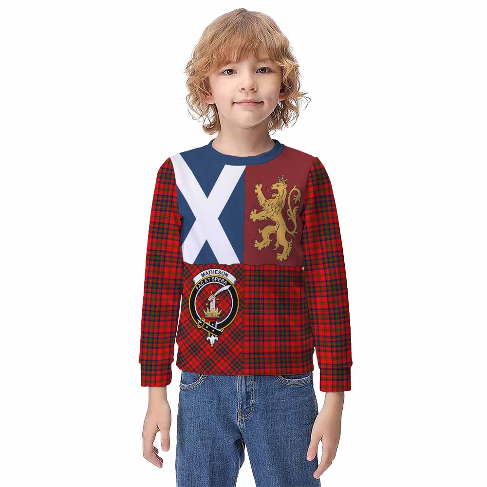 Matheson Crest Tartan Kid Knitted Sweatshirt with Lion Rampant Saltire Style - Tartan Vibes Clothing