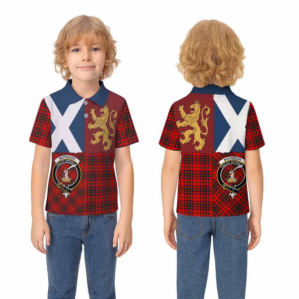 Matheson Crest Tartan Kid Polo Shirt with Lion Rampant Saltire Style - Tartan Vibes Clothing