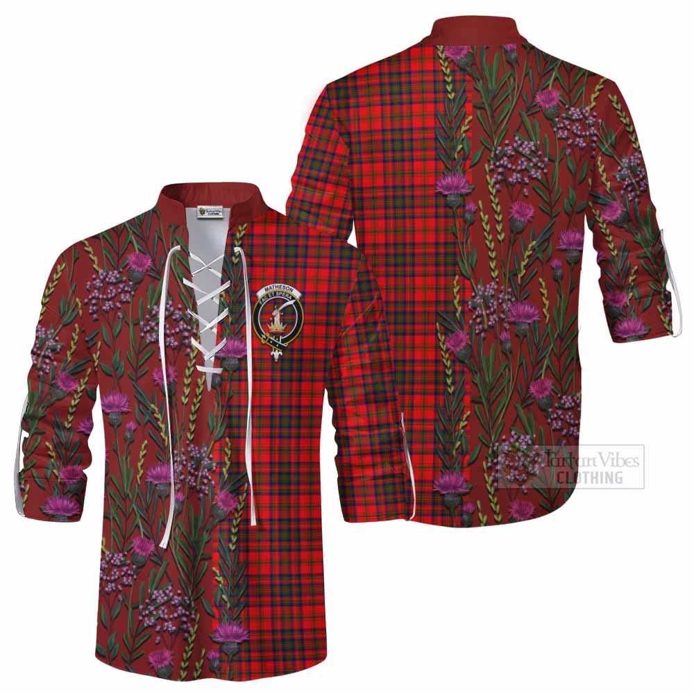Matheson Family Crest Tartan Ghillie Shirt Scottish Thistle Flower Pattern Half Style - Tartan Vibes Clothing