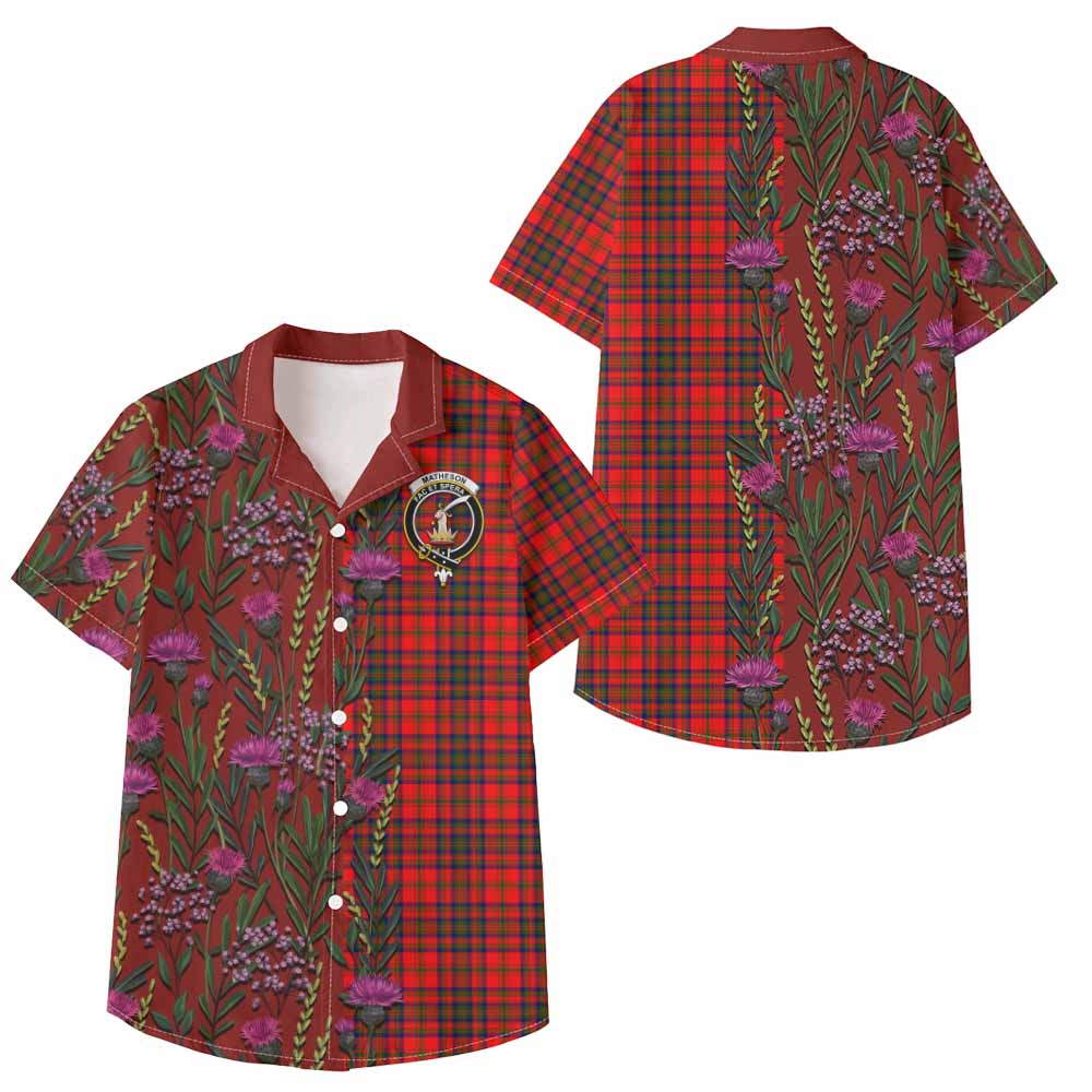 Matheson Family Crest Tartan Kid Hawaiian Shirt Scottish Thistle Flower Pattern Half Style - Tartan Vibes Clothing