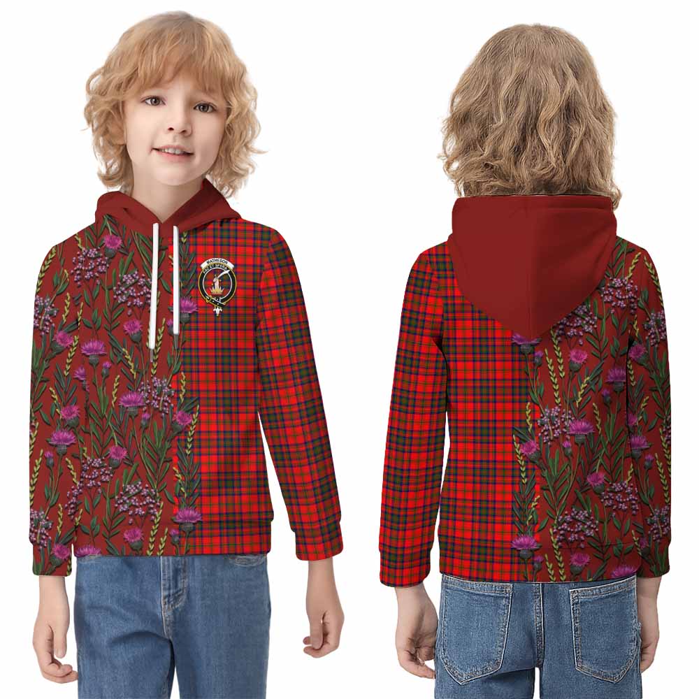 Matheson Family Crest Tartan Kid Hoodie Scottish Thistle Flower Pattern Half Style - Tartan Vibes Clothing