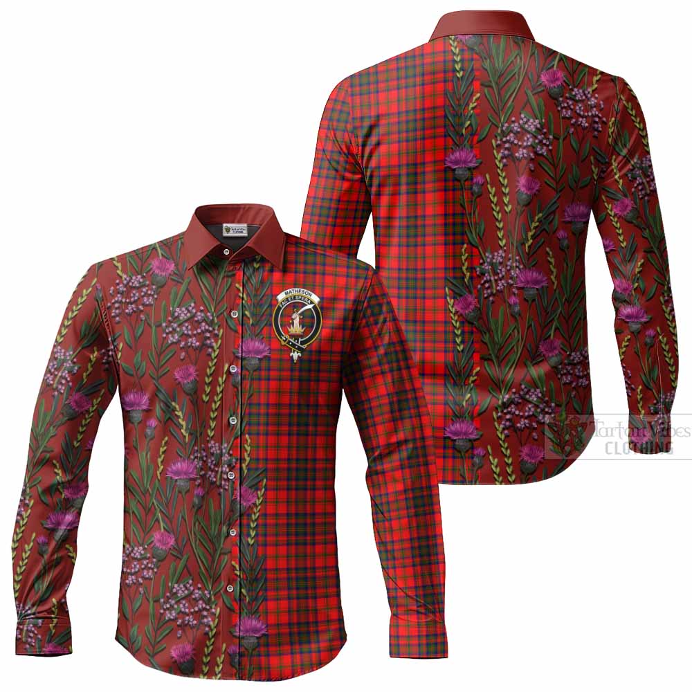 Matheson Family Crest Tartan Long Sleeve Button Shirts Scottish Thistle Flower Pattern Half Style - Tartan Vibes Clothing