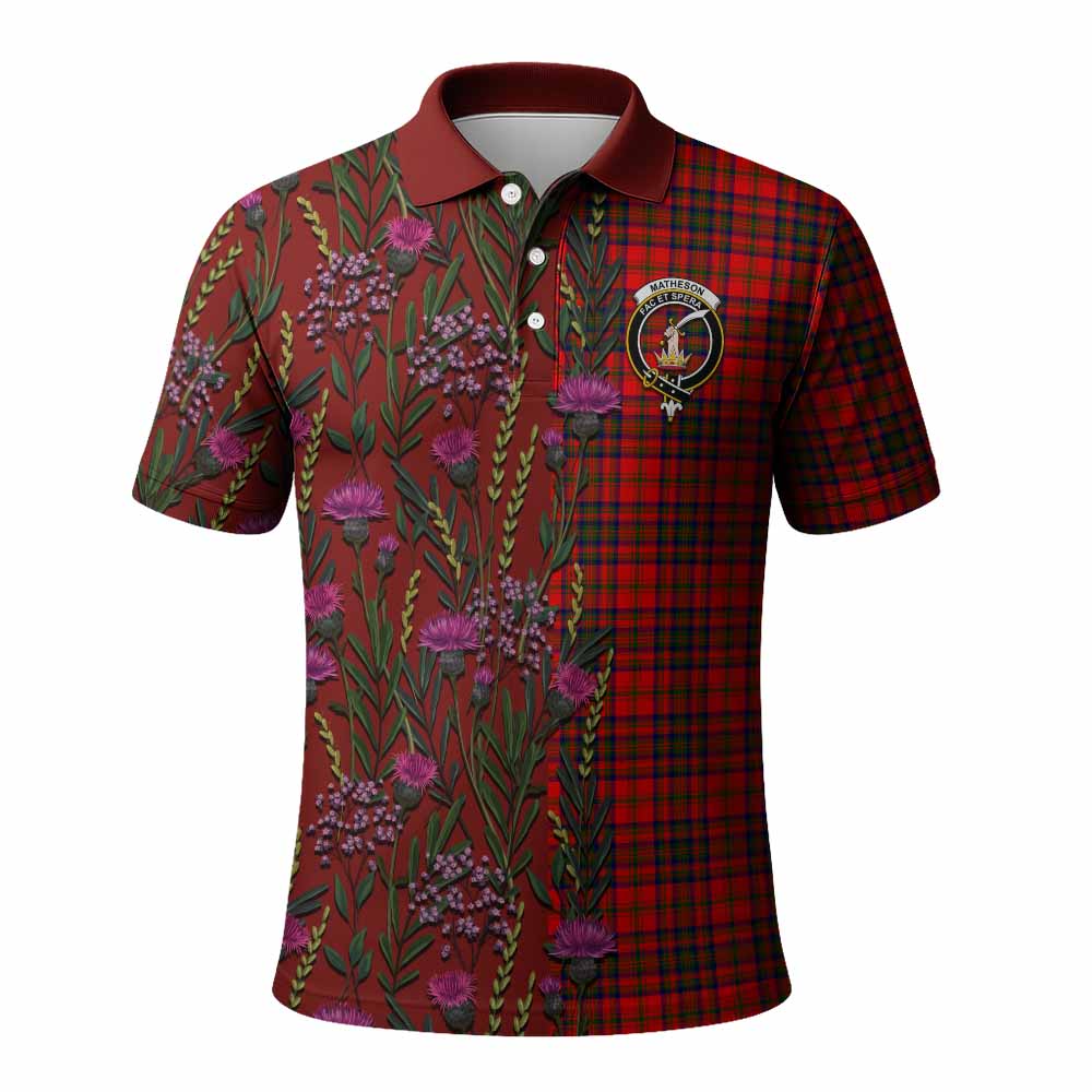 Matheson Family Crest Tartan Polo Shirt Scottish Thistle Flower Pattern Half Style - Tartan Vibes Clothing