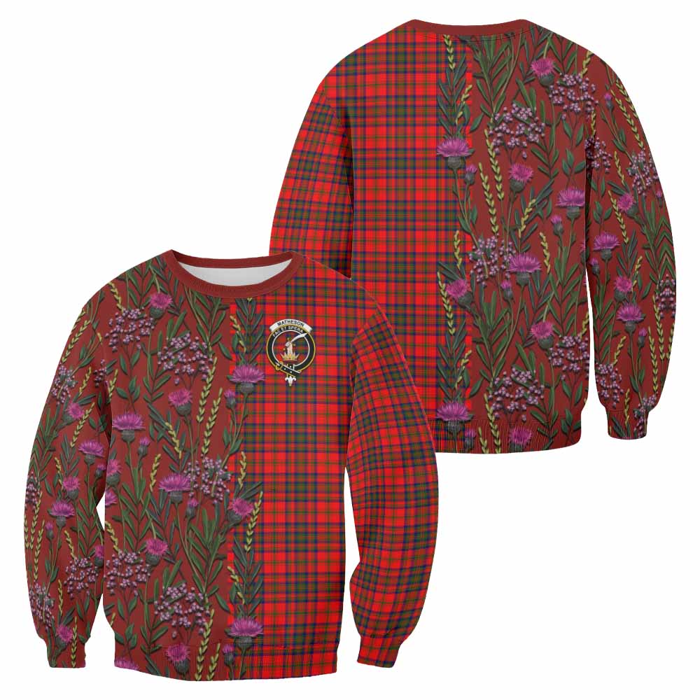Matheson Family Crest Tartan Sweatshirt Scottish Thistle Flower Pattern Half Style - Tartan Vibes Clothing