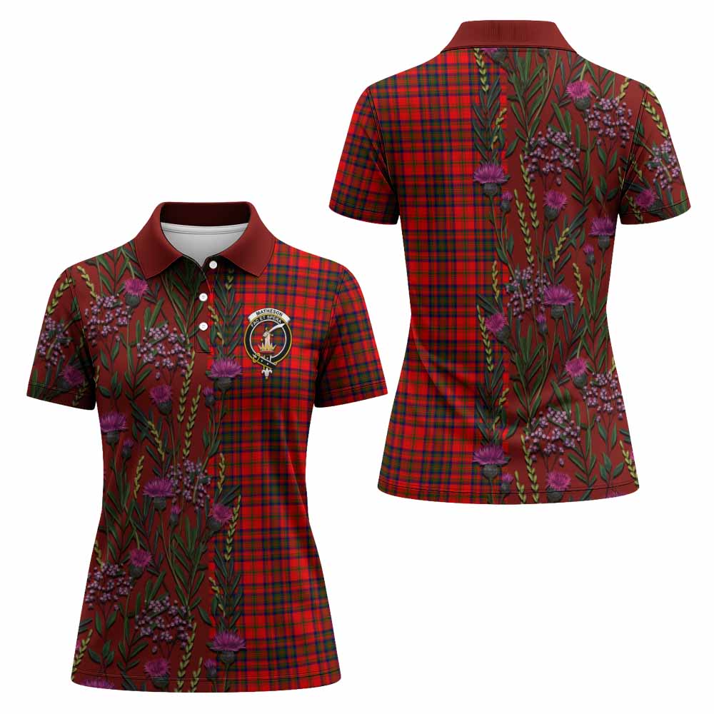 Matheson Family Crest Tartan Women Polo Shirt Scottish Thistle Flower Pattern Half Style - Tartan Vibes Clothing