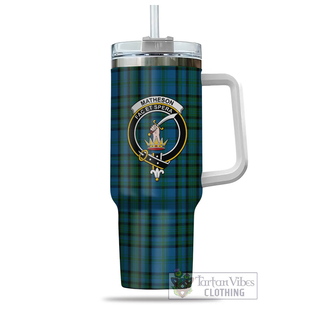 Tartan Vibes Clothing Matheson Hunting Tartan and Family Crest Tumbler with Handle