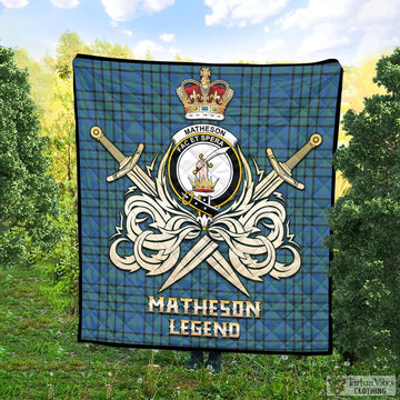 Matheson Hunting Ancient Tartan Quilt with Clan Crest and the Golden Sword of Courageous Legacy
