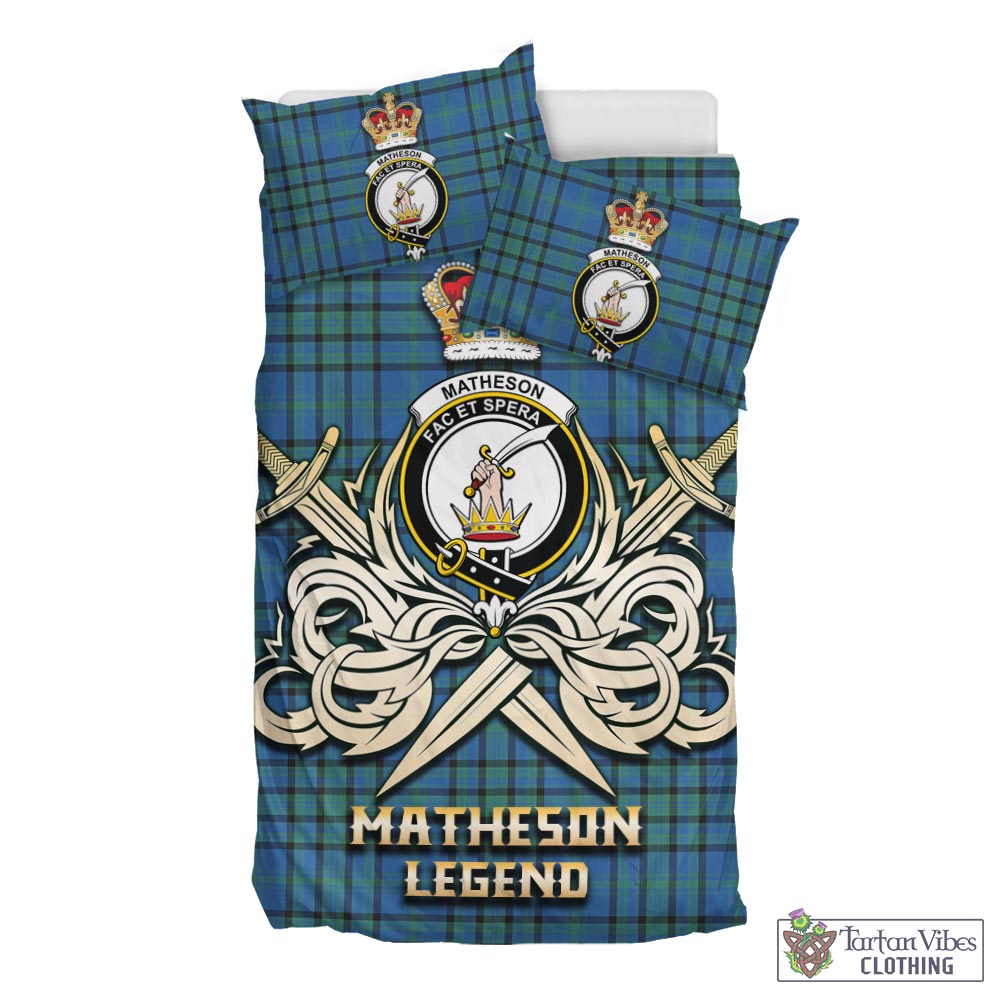 Tartan Vibes Clothing Matheson Hunting Ancient Tartan Bedding Set with Clan Crest and the Golden Sword of Courageous Legacy