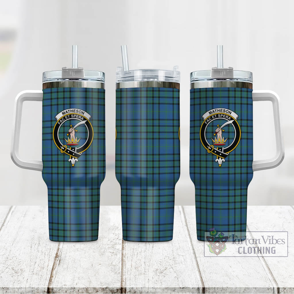 Tartan Vibes Clothing Matheson Hunting Ancient Tartan and Family Crest Tumbler with Handle