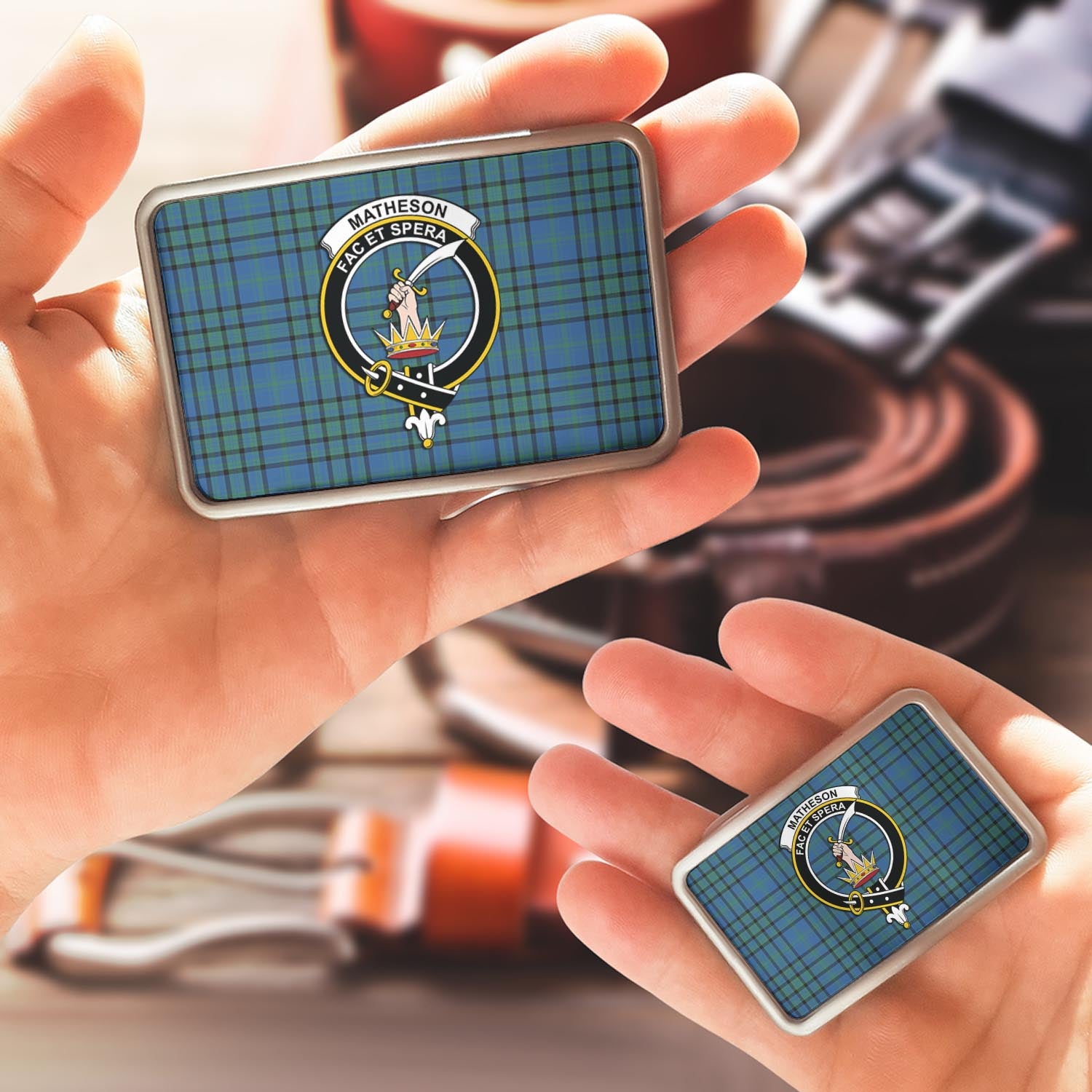 Matheson Hunting Ancient Tartan Belt Buckles with Family Crest - Tartanvibesclothing