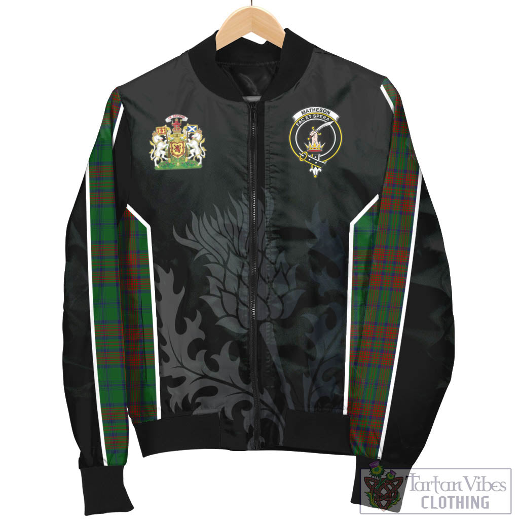 Tartan Vibes Clothing Matheson Hunting Highland Tartan Bomber Jacket with Family Crest and Scottish Thistle Vibes Sport Style
