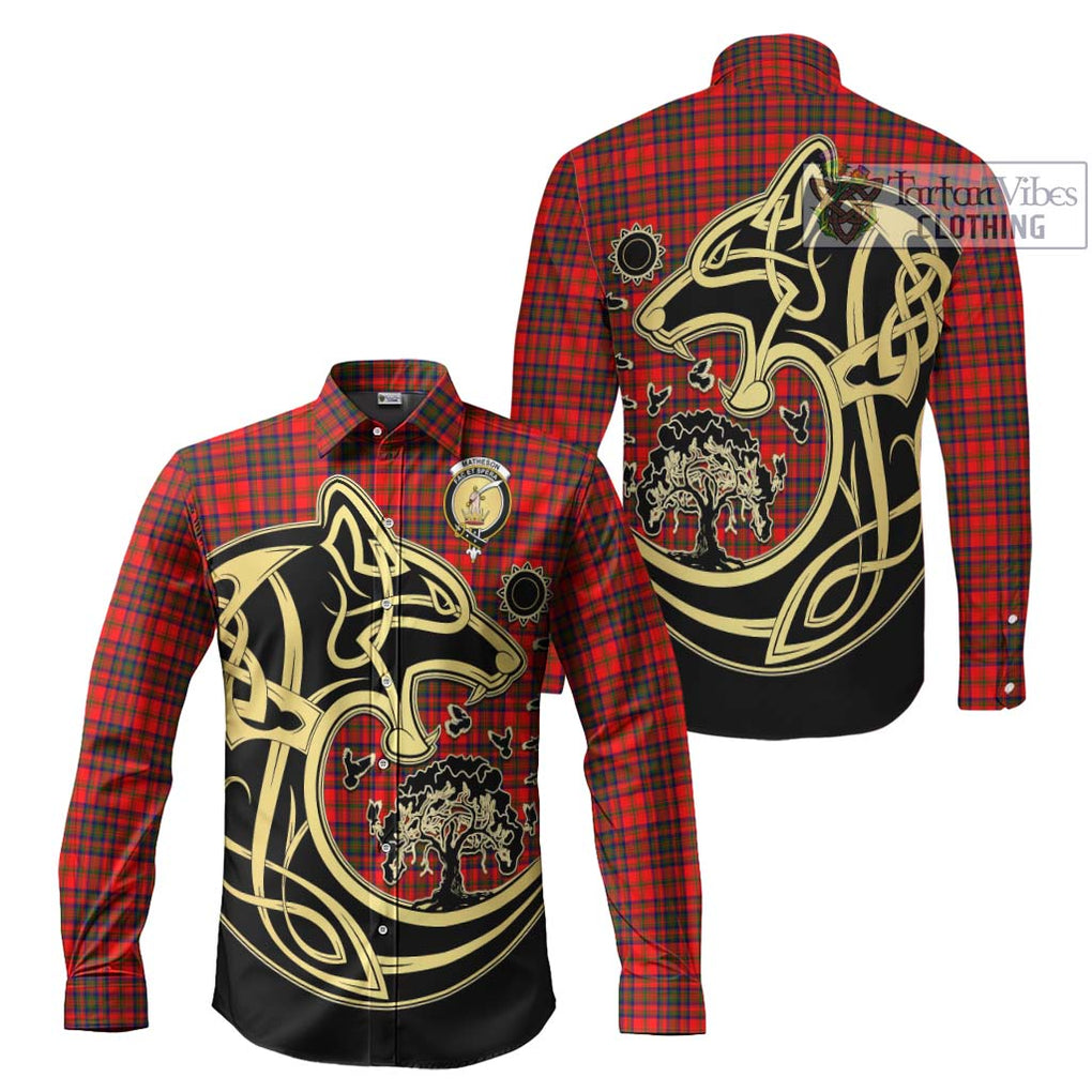 Matheson Tartan Long Sleeve Button Shirt with Family Crest Celtic Wolf Style Men's Shirt S - Tartan Vibes Clothing
