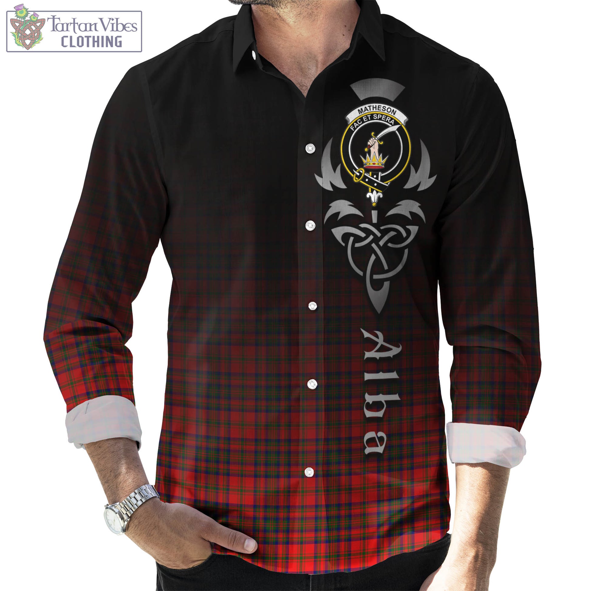 Tartan Vibes Clothing Matheson Modern Tartan Long Sleeve Button Up Featuring Alba Gu Brath Family Crest Celtic Inspired
