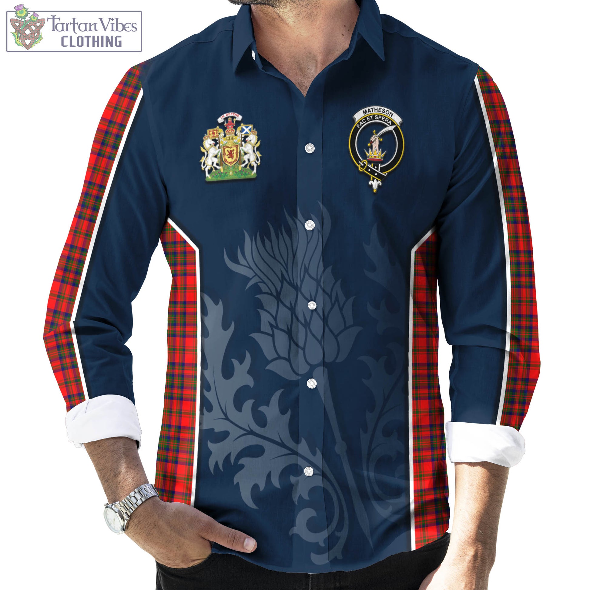 Tartan Vibes Clothing Matheson Modern Tartan Long Sleeve Button Up Shirt with Family Crest and Scottish Thistle Vibes Sport Style