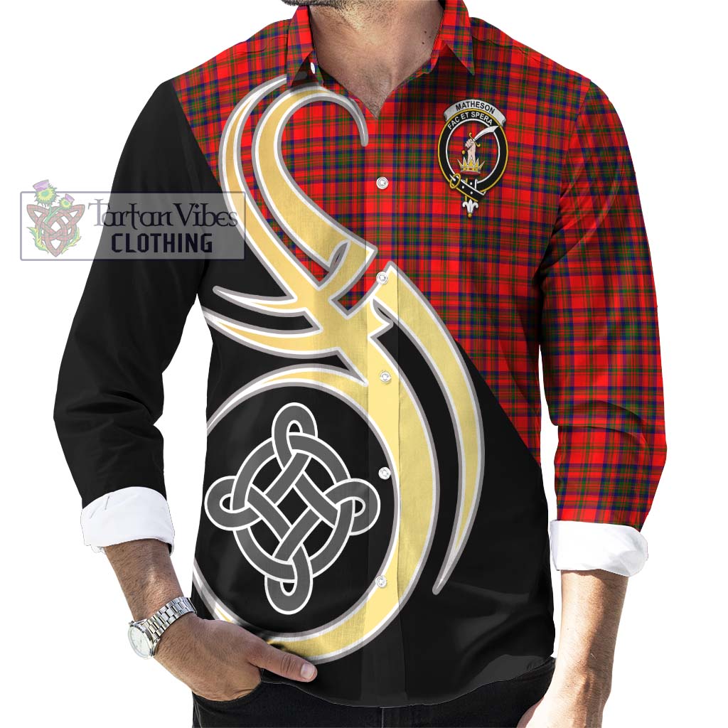 Matheson Tartan Long Sleeve Button Shirt with Family Crest and Celtic Symbol Style - Tartan Vibes Clothing