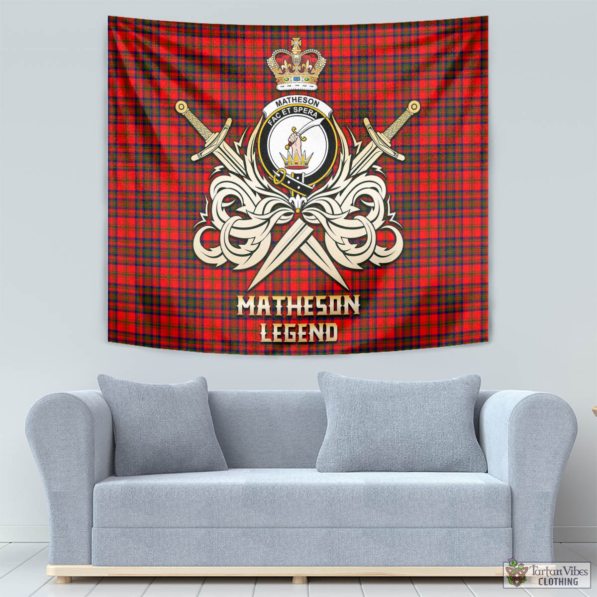 Tartan Vibes Clothing Matheson Modern Tartan Tapestry with Clan Crest and the Golden Sword of Courageous Legacy