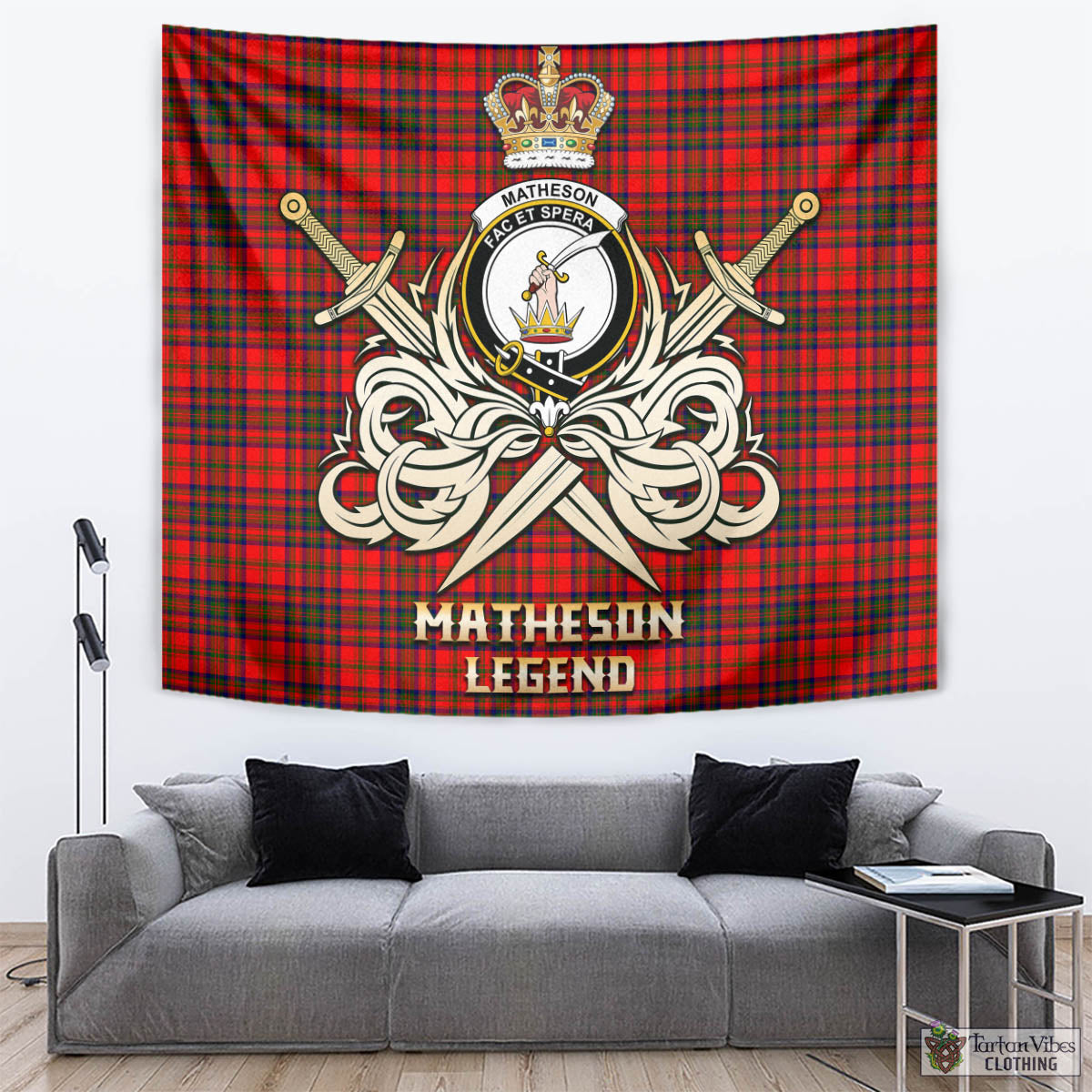 Tartan Vibes Clothing Matheson Modern Tartan Tapestry with Clan Crest and the Golden Sword of Courageous Legacy