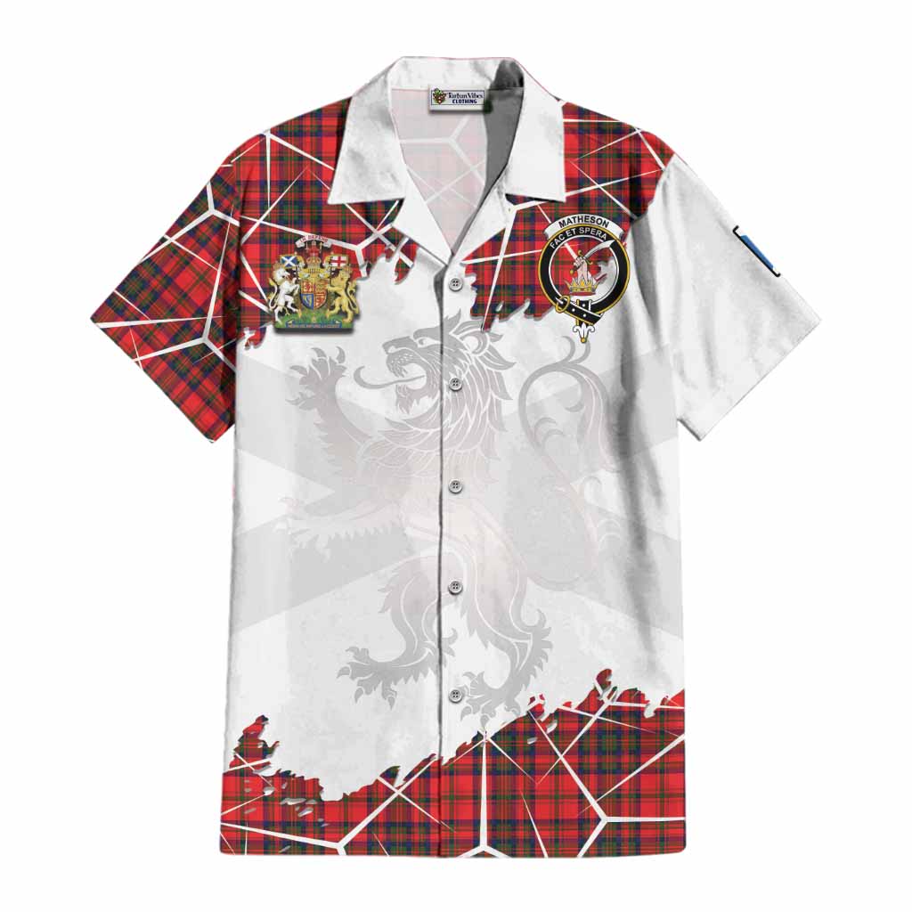 Matheson Tartan Cotton Hawaiian Shirt with Family Crest and Lion Rampant Grunge Style