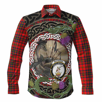 Matheson Tartan Crest Bagpipe Nessie Long Sleeve Button Shirts Scottish Loch Ness Monster Celtic Thistle