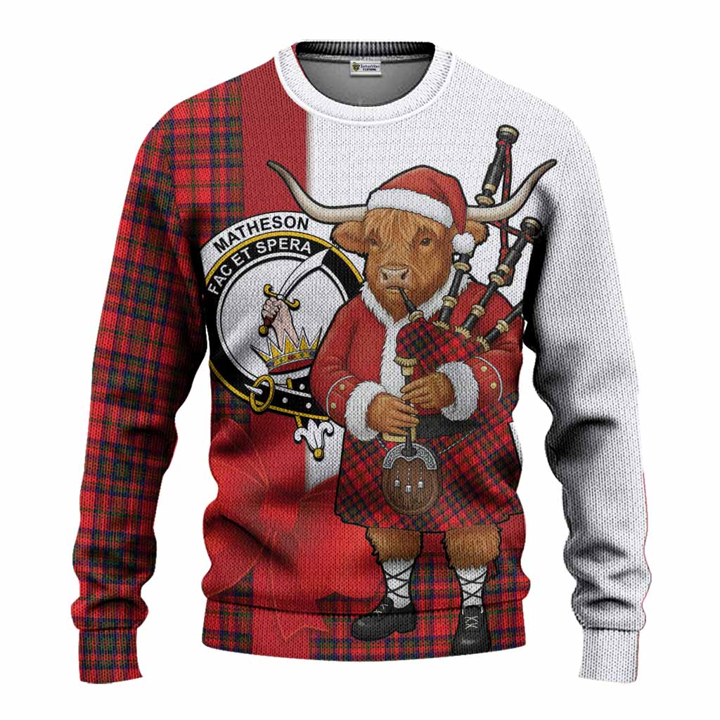 Matheson Tartan Crest Christmas Christmas Ugly Sweater Highland Cow Bagpipes Coquette Bow Style