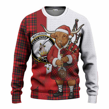 Matheson Tartan Crest Christmas Christmas Ugly Sweater Highland Cow Bagpipes Coquette Bow Style