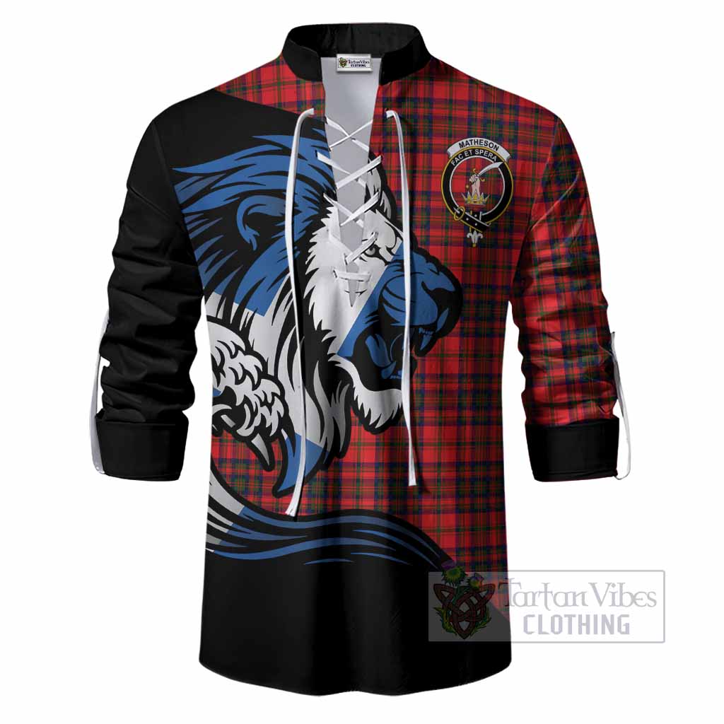 Matheson Tartan Crest Ghillie Shirt Scottish Golden Lions Wave Flow