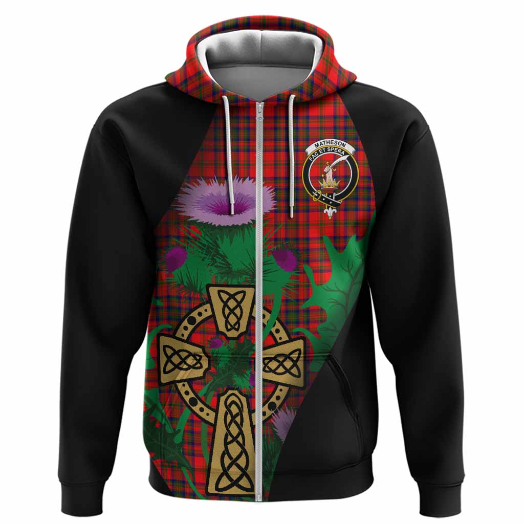 Matheson Tartan Crest Hoodie Celtic Cross Thistle Flowers