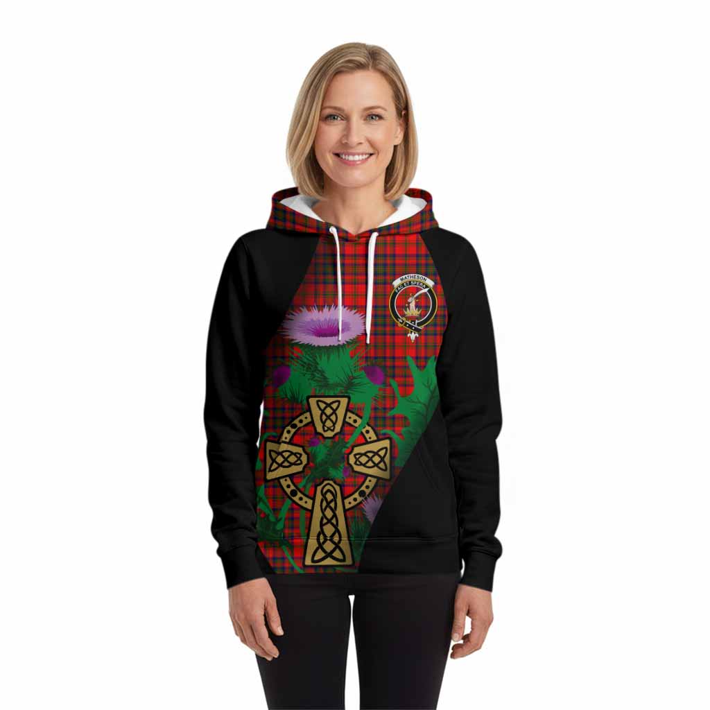 Matheson Tartan Crest Hoodie Celtic Cross Thistle Flowers