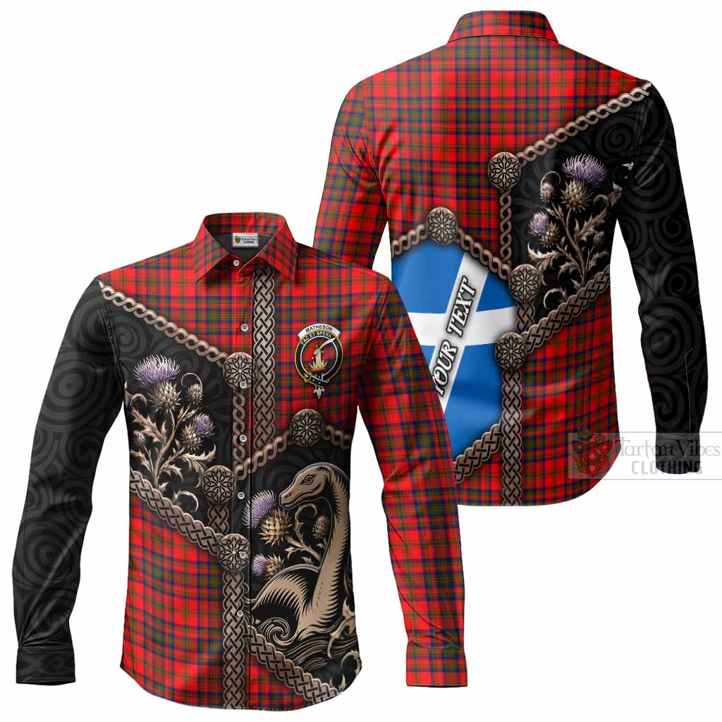 Matheson Tartan Crest Long Sleeve Button Shirts Scottish Thistle Loch Ness Monster