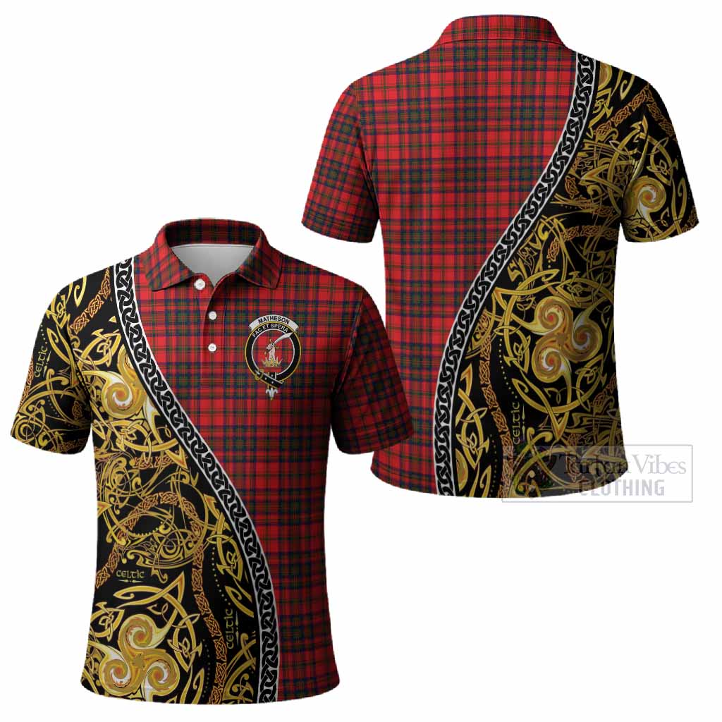 Matheson Tartan Crest Polo Shirt Celtic Knot and Triple Trickle Spiral Symbols