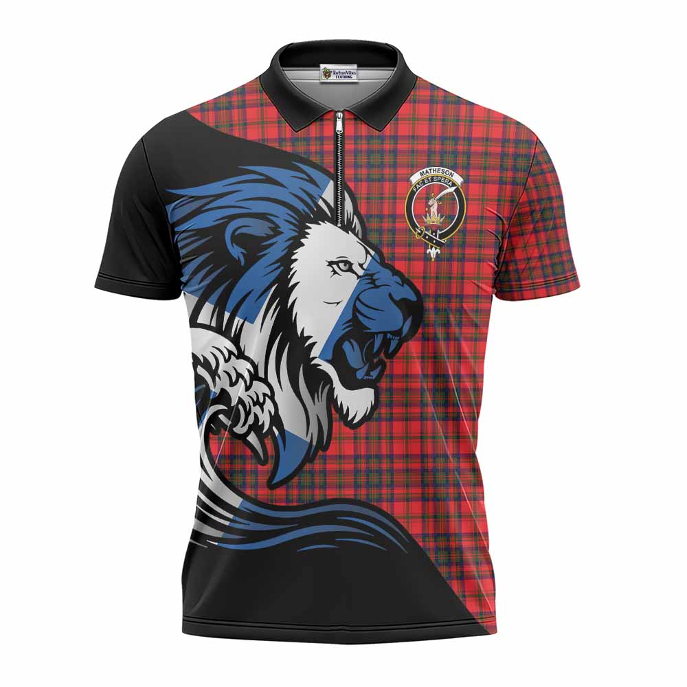Matheson Tartan Crest Zipper Polo Shirt Scottish Golden Lions Wave Flow