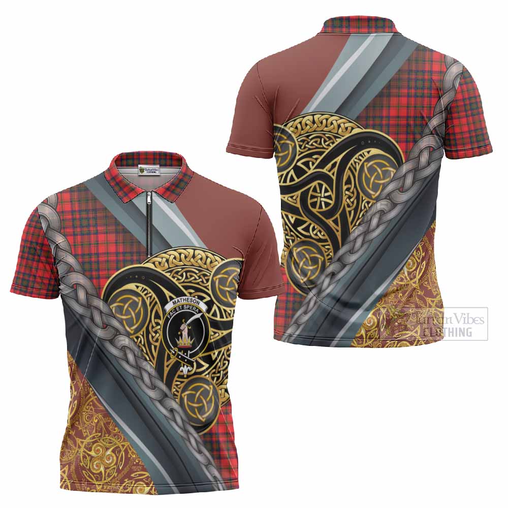Matheson Tartan Crest Zipper Polo Shirt Scottish Triskele Celtic