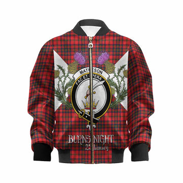 Matheson Tartan Family Crest Kid Bomber Jacket Scottish Burns Night Thistle Floral