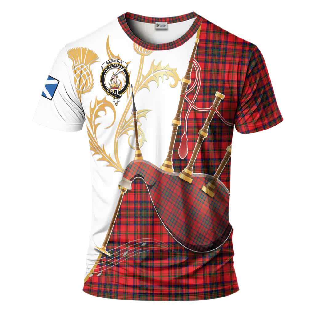 Matheson Tartan Family Crest T-Shirt Bagpipes with Scottish Thistle