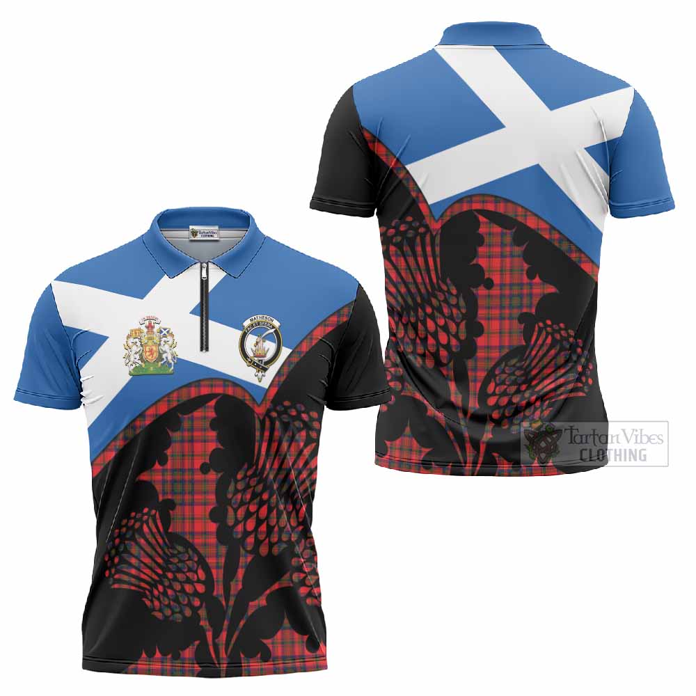 Matheson Tartan Family Crest Zipper Polo Shirt Scotland Thistle Floral Flag Style