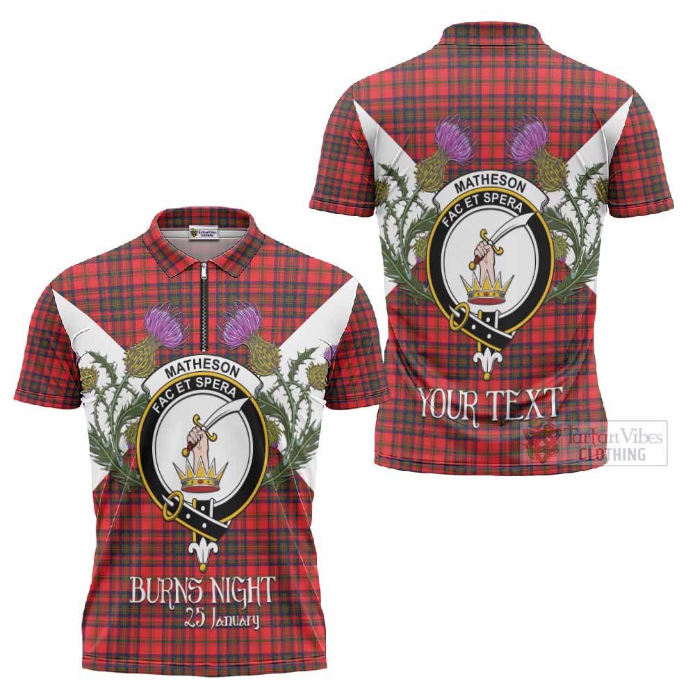 Matheson Tartan Family Crest Zipper Polo Shirt Scottish Burns Night Thistle Floral