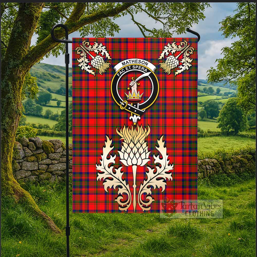 Matheson Tartan Garden Flag with Golden Regal Scottish Thistle Emblem - Tartan Vibes Clothing