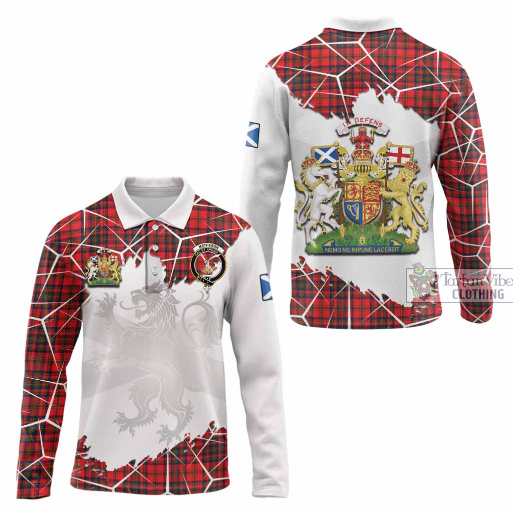 Matheson Tartan Long Sleeve Polo Shirt with Family Crest and Lion Rampant Grunge Style