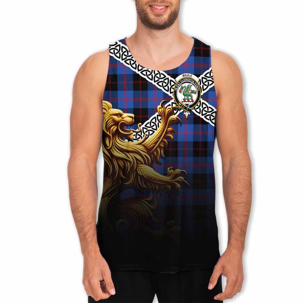 Tartan Vibes Clothing Maule Crest Tartan Men's Tank Top with Golden Lion Emblem Celtic Style