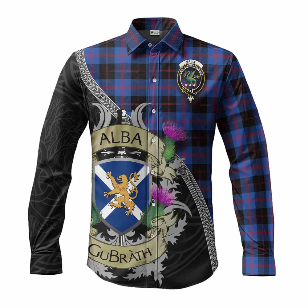 Tartan Vibes Clothing Maule Tartan Family Crest Long Sleeve Button Shirt Lion Rampant Royal Thistle Shield Celtic Inspired