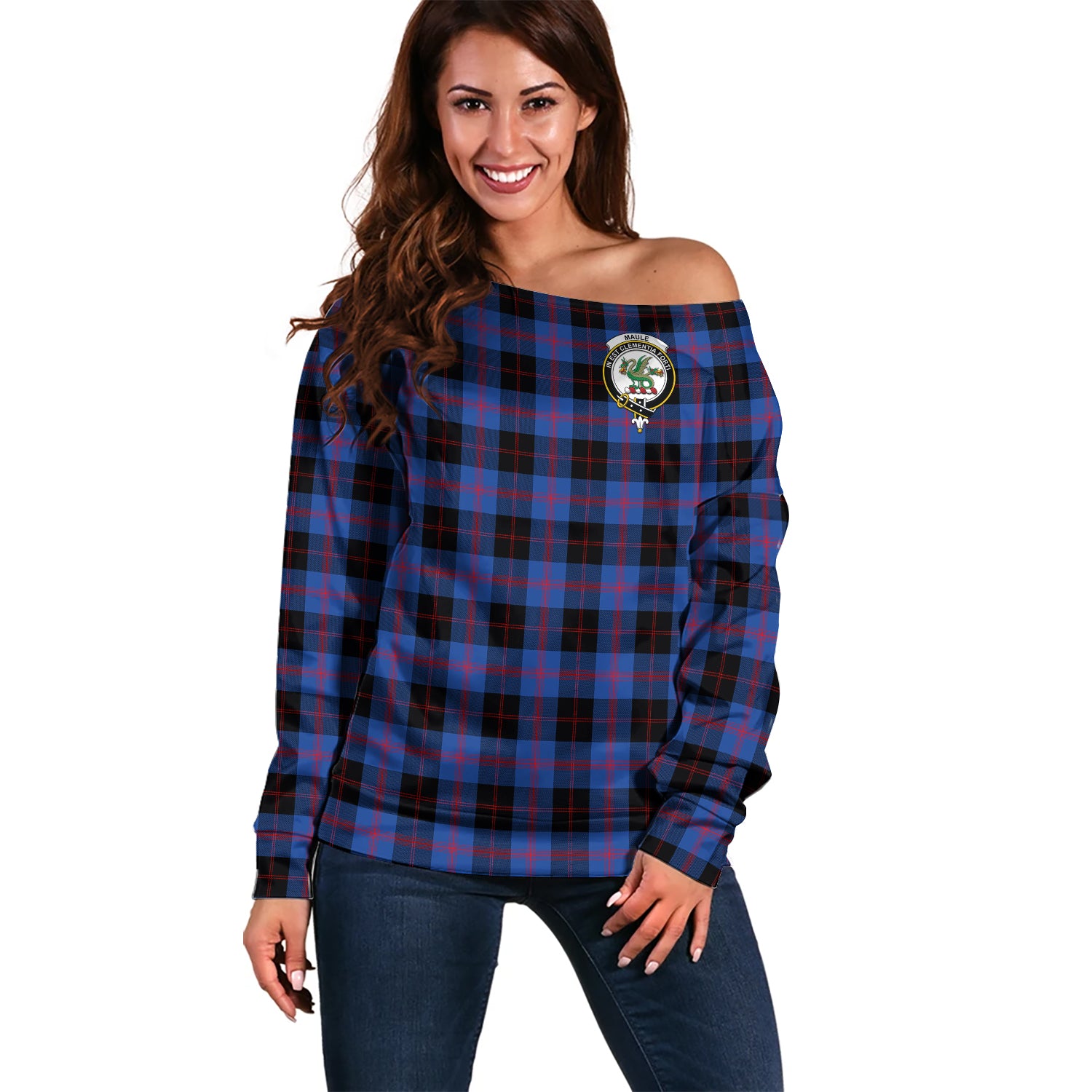 Maule Tartan Off Shoulder Women Sweater with Family Crest Women - Tartanvibesclothing