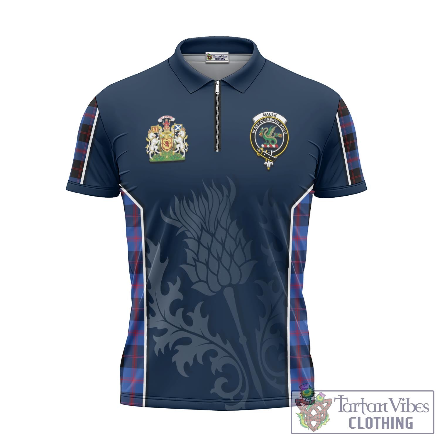 Tartan Vibes Clothing Maule Tartan Zipper Polo Shirt with Family Crest and Scottish Thistle Vibes Sport Style