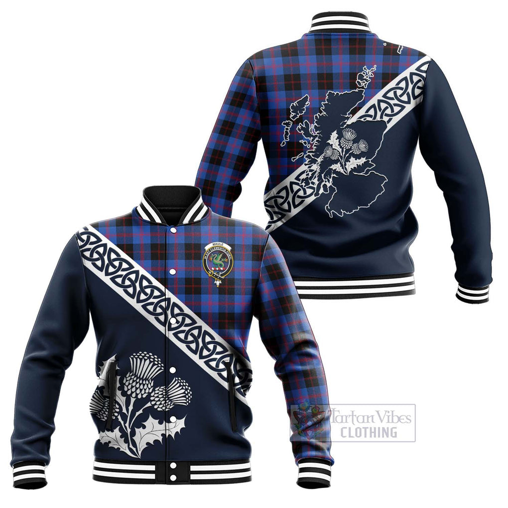 Tartan Vibes Clothing Maule Tartan Baseball Jacket Featuring Thistle and Scotland Map