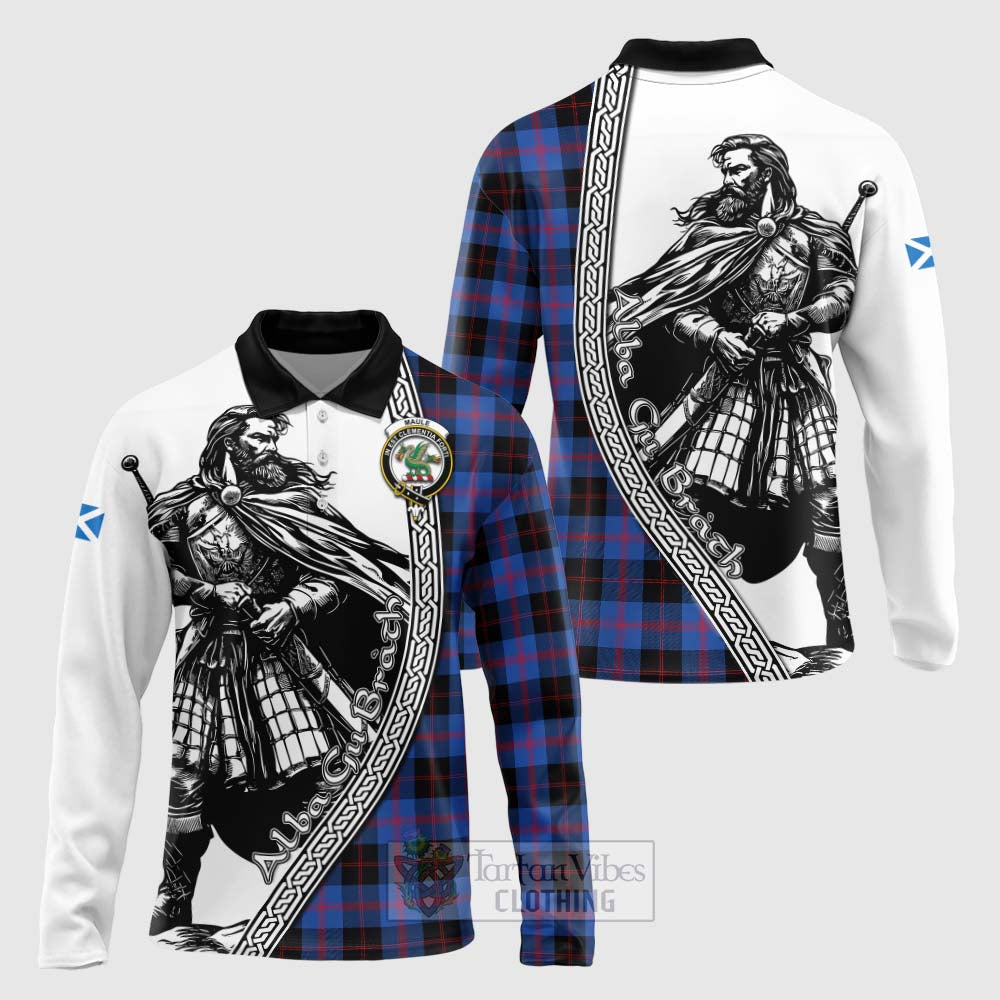 Tartan Vibes Clothing Maule Tartan Clan Crest Long Sleeve Polo Shirt with Highlander Warrior Celtic Style