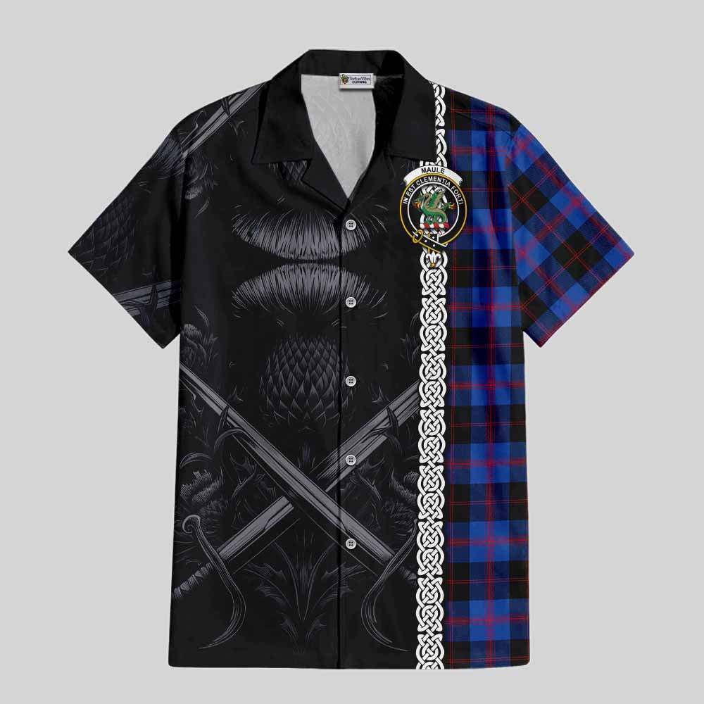 Tartan Vibes Clothing Maule Tartan Short Sleeve Button Shirt with Family Crest Cross Sword Thistle Celtic Vibes