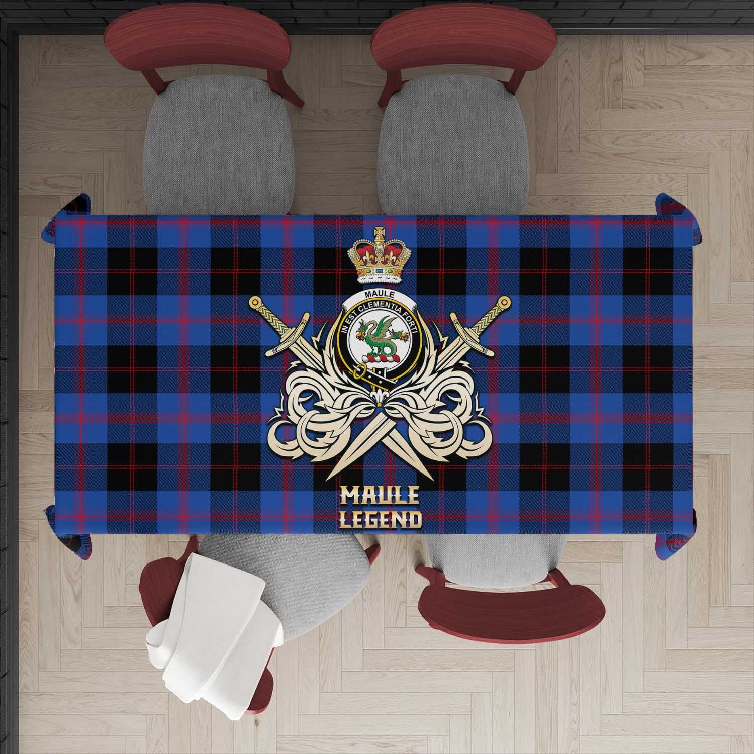 Tartan Vibes Clothing Maule Tartan Tablecloth with Clan Crest and the Golden Sword of Courageous Legacy