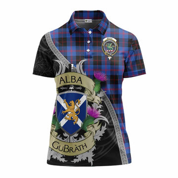Maule Tartan Family Crest Women's Polo Shirt Lion Rampant Royal Thistle Shield Celtic Inspired