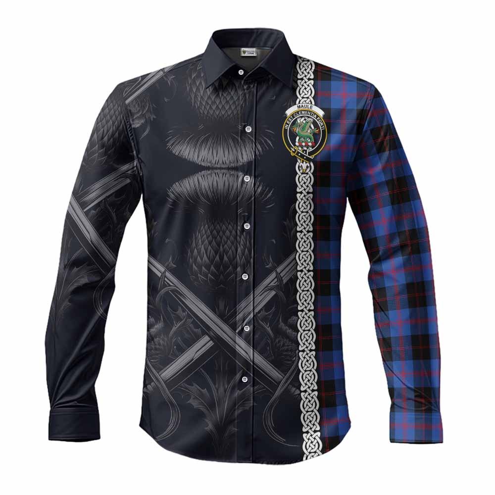 Tartan Vibes Clothing Maule Tartan Long Sleeve Button Shirt with Family Crest Cross Sword Thistle Celtic Vibes