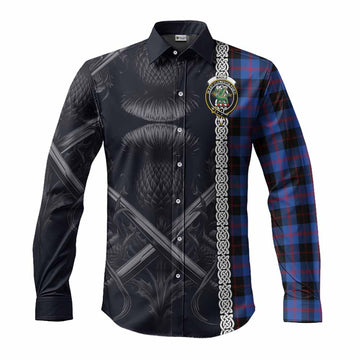 Tartan Vibes Clothing Maule Tartan Long Sleeve Button Shirt with Family Crest Cross Sword Thistle Celtic Vibes
